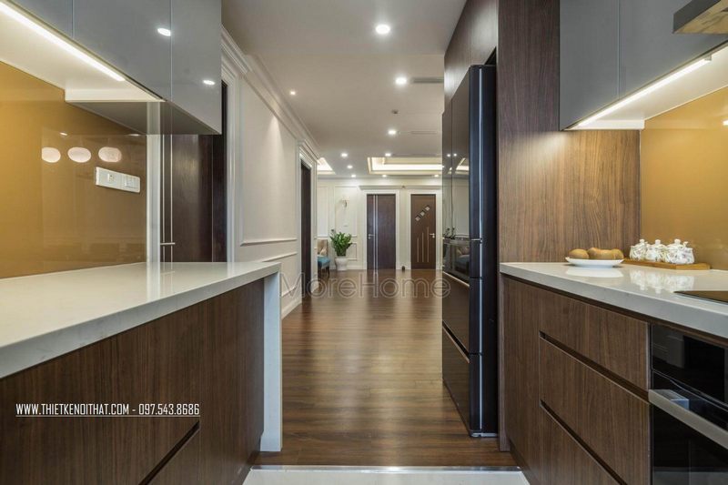 Morehome đã tính toán chính xác khoảng cách giữa tủ bếp trên và dưới để thi công tủ bếp tối ưu nhất cho gia chủ.